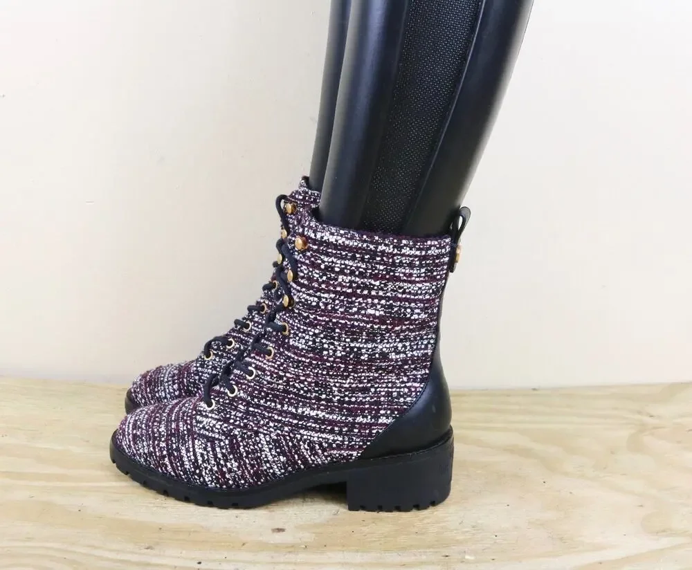 New Tory Burch Boots 8M Purple Tweed Leather Miller Combat Ankle Shoes